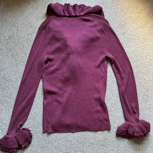 Trina Turk Ribbed Ruffle Trim V-Neck Wine Pullover Cotton Blend Sweater - Picture 5 of 11